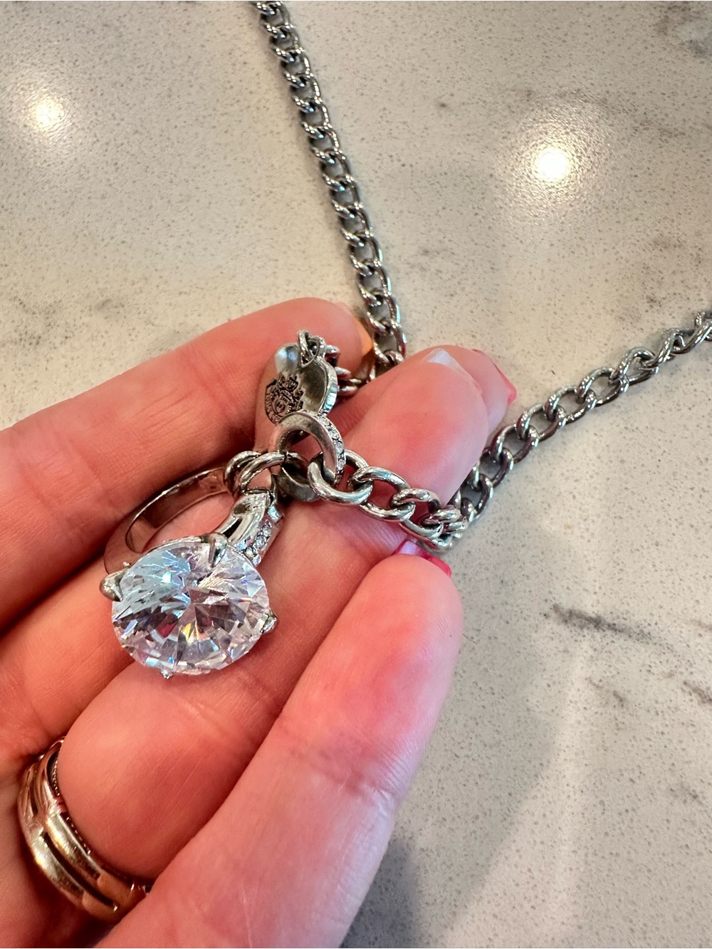 Juicy Couture Silver-Tone Necklace with Large Clear Crystal Pendant
